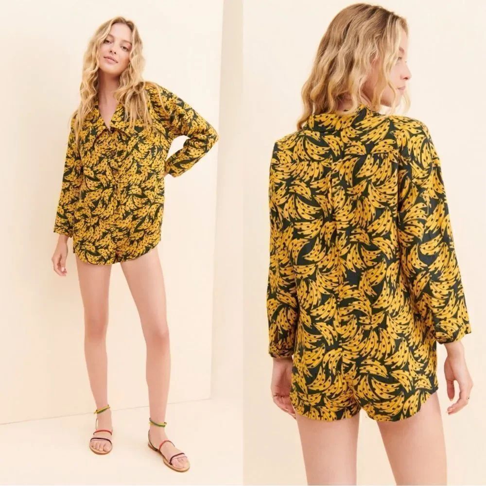 Farm  Rio Linen Yellow Black Romper Spotted Bananas Size M